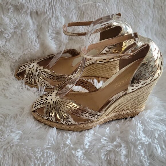 Catherine Malandrino Gold Metallic Leaf Cutout Espadrille Wedge Sandals-SZ 6 - Picture 3 of 9